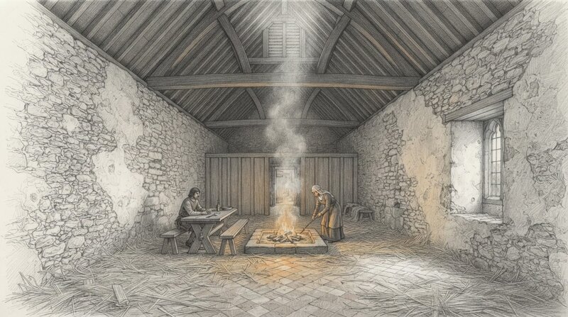 Pencil reconstruction of a medieval hall in use: a fire burning on a central stone hearth, smoke rising to a louvre in the open timber roof, a plank screen across the far end, a man writing at a trestle table and a woman tending the fire.