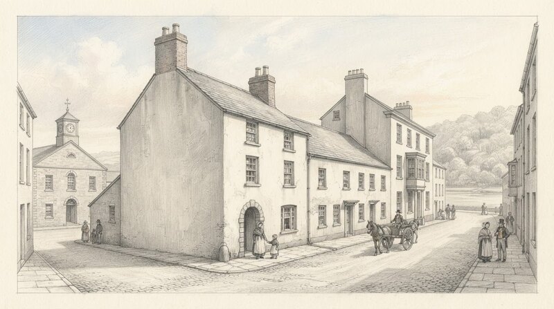 Pencil reconstruction of a Georgian Welsh town street: whitewashed rendered houses with sash windows and tall chimneys along a cobbled street, a public building with a clock turret to one side, a horse and cart, townspeople in early nineteenth-century dress, and the estuary and wooded shore beyond.