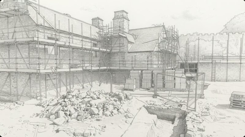 Pencil drawing of Island House today: the house under scaffolding and restoration, with the quay re-excavated on the open ground beside it.