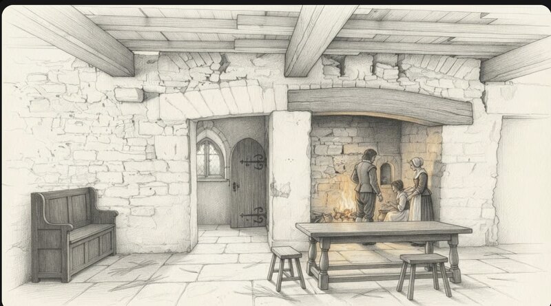 Pencil reconstruction of the principal hall in the 17th century: a great open inglenook with a cambered bressumer and a lit fire, hewn axial beams overhead, a plank door, a settle and a long table.