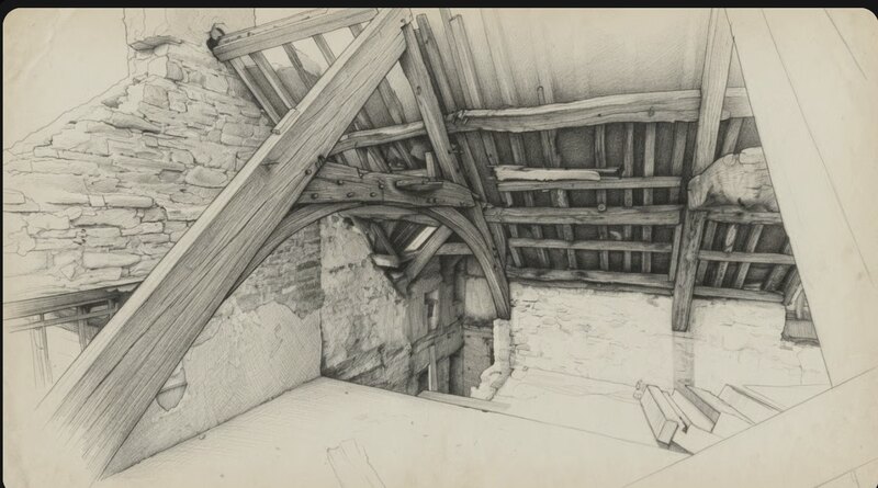 Pencil reconstruction inside the roof void of Island House: a retained pegged oak truss with a curved brace, rafters and purlins above, and the fossilised earlier stone gable standing within the roof space.