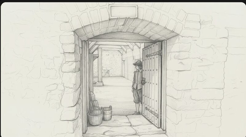 Pencil reconstruction of the yard door of Island House: a studded plank door standing open under a relieving arch with dressed stone quoins, a blank panel set in the wall above, and a beamed passage with a basket and pail beyond.